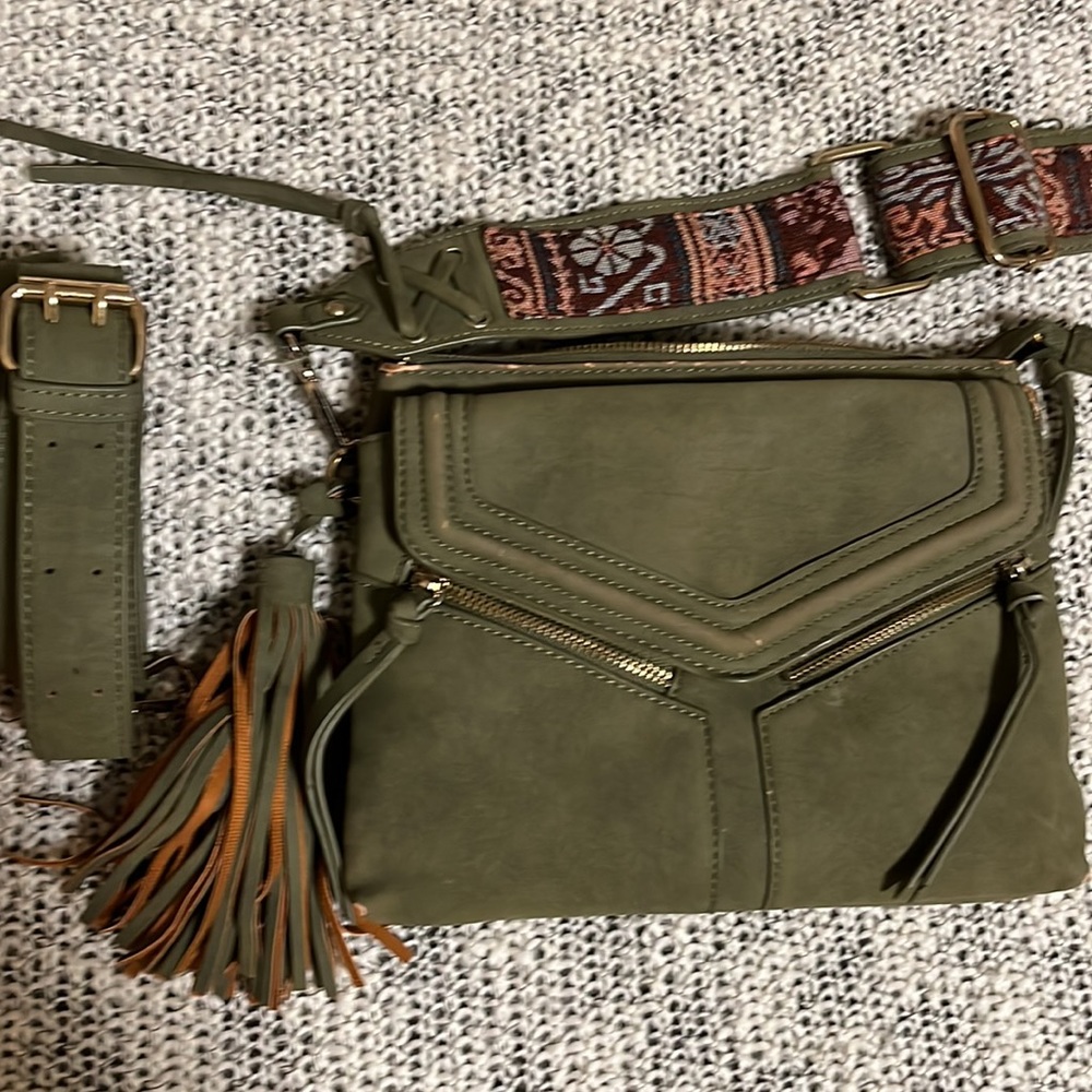 Bohemian style army, green, Crossbody, convertible, envelope satchel with fringe